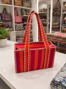 Sac fourre-tout mini en toile rayée bohème avec fermeture éclair, style vintage, orange pour femme, sac à main de shopping rouge toutes saisons - Product Image 1