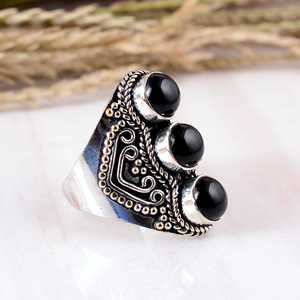 Natural Black Onyx Three Stone Bezel <b>Set</b> 925 Sterling <b>Silver</b> Ornate V-Shape Filigree Design Handmade Bohemian Unisex <b>Ring</b> - Product Image 2