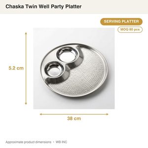 Plat de service miroir satiné martelé isolé en acier inoxydable SS304 fait main, 38 cm, 2 compartiments, Chaska Twin Well, pour fêtes et décoration intérieure - Product Image 4