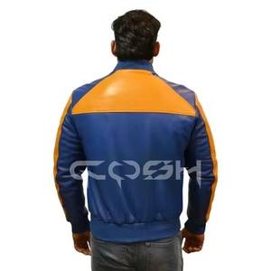 แจ็คเก็ตบอมเบอร์หนังแท้สีน้ำเงินเหลืองแบบสั่งทำพิเศษ สไตล์เรโทร แจ็คเก็ตหนังแบบซิปพร้อมปลายแขนเสื้อแบบริบ - Product Image 3