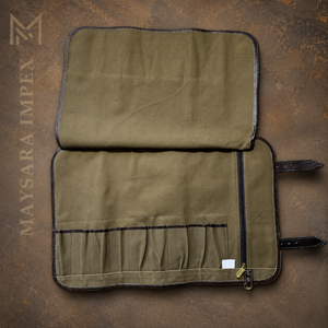 Maysara Impex OEM Wholesale 9 Pocket Brown Canvas Knife <b>Roll</b> <b>Bag</b> Heavy Duty Chef <b>Tool</b> Organizer with Leather Straps - Product Image 2