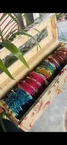 Vibrant Handcrafted Multicolor Glass <b>Bangle</b> Set with Gold-Toned Bead Detailing and Floral Vanity Storage - Product Image 2