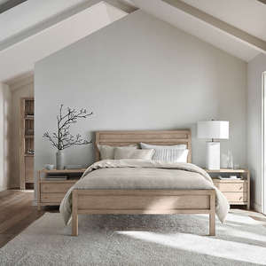 Lit double contemporain en bois massif |   Cadre de lit en bois à monter soi-même, finition naturelle, Inde - Product Image 1