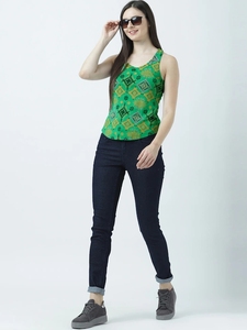 Débardeur pour femme à imprimé géométrique vert, col rond, décontracté, respirant, tricoté, sans manches, 100% polyester - Product Image 2