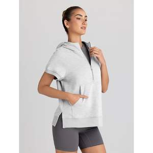 Automet 2025 automne mode femmes surdimensionné en soie à capuche à manches courtes demi fermeture éclair sweat coupe ample pull tenues - Product Image 6