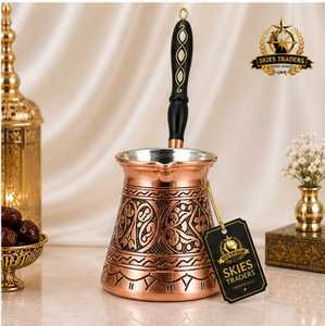 Handmade Embossed Copper <b>Turkish</b> Coffee Pot Cezve With Black Handle - Product Image 1