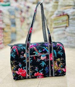 Bolso Tote de Algodón Acolchado Floral con Cremallera, Bolso de Hombro de Gran Capacidad, Casual, para Viajes y Compras - Product Image 2