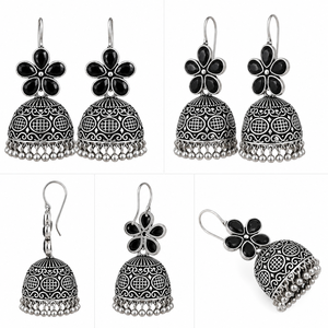 Pendientes Colgantes de Latón Vintage al por Mayor con Acabado Plateado Oxidado, Diseño Jhumki Indio para Ocasiones Festivas de Mujer - Product Image 6