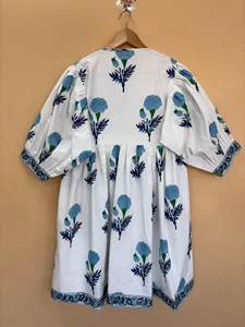 Boho Style Hand Print <b>White</b> Cotton Midi Dress With Tie-Neck Short Sleeve Summer Casual Dress For Women - Product Image 4