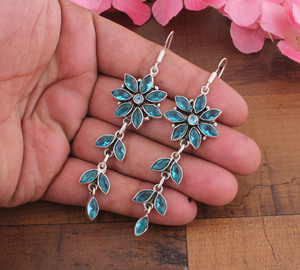 925 <b>Sterling</b> <b>Silver</b> Gold Plated Blue Topaz Water Drop Flower Vintage Earrings Unisex Women's Wedding Engagement Gift Party - Product Image 3