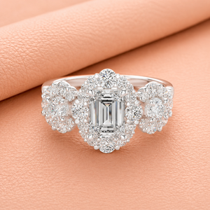Bague de fiançailles de luxe en or blanc avec diamant de laboratoire taille émeraude, halo et pierres latérales en grappe florale, certifiée IGI, bijoux de mariée - Product Image 1