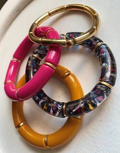 Handmade Brass & Resin <b>Bangles</b> – Statement <b>Bracelets</b> with Turquoise Resin Inlay & Gold Brass Panels Vintage Jewelry Wholesale - Product Image 2