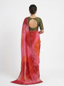 Elegante Saree Indio Bandhani |   Sari Rojo y Rosa Estampado para Mujer con Borde de Diseño para Bodas y Fiestas - En Stock - Product Image 2