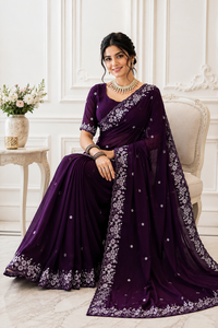 Sari de Seda Morado Elegante de AARA Fashion, Bordado Floral, Protección Solar, para Todas las Estaciones, Largo hasta el Suelo, Corte Regular, para Mujer, India - Product Image 4