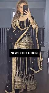 Traje Sharara de Diseñador Shimar en Georgette Negro con Bordado y Lentejuelas, Top con Latkan Dori y Sharara Dupatta - Product Image 2