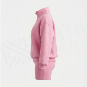 Conjunto de 2 piezas de forro polar rosa para mujer con sudadera con cremallera y estampado geométrico y pantalones cortos por encima de la rodilla, ropa deportiva informal - Product Image 3