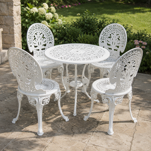 White Cast Aluminum <b>Patio</b> Dining Set Ornate <b>Round</b> Garden <b>Table</b> Chairs Outdoor Balcony Furniture Luxury Antique Style - Product Image 1