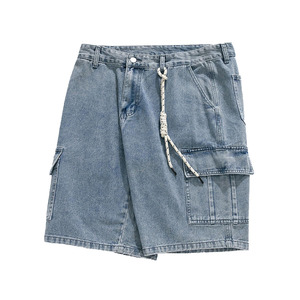 Shorts Cargo de Mezclilla para Hombre, Shorts de Jean Azul Claro Lavado con Cintura Ajustable con Cordón, Shorts Casuales de Verano con Múltiples Bolsillos - Product Image 3