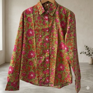 Camisa con botones y estampado floral para mujer, manga larga, informal, primavera, verano, corte regular, blusa estampada verde y rosa - Product Image 3