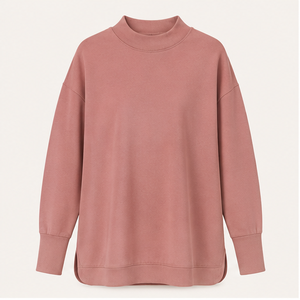 Sudadera personalizada para mujer, color rosa empolvado, cuello simulado, corte largo, abertura lateral, estilo relajado, WSS-0003 - Product Image 1