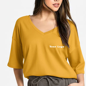 T-shirt en tricot à col rond jaune moutarde pour femme avec logo personnalisé, manches trois quarts, coupe ample, couleur unie, toutes saisons - Product Image 4