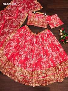 Lehenga Choli Duptta en organza imprimé traditionnel indien avec broderie Jari, sequins et pierres, tenue ethnique - Product Image 5