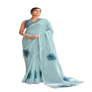 Georgette-ropa de Festival estampada para mujer, Saree Floral de Color Pastel para boda, nepalí, con blusa, moda india de bajo coste