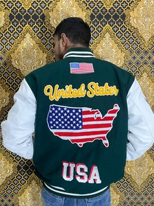 Blouson Bomber Unisexe Tendance pour Jeunes, en Cuir Brodé, Col Montant, Hiver, Lettres Brodées sur le Devant, Style Urbain, Respirant - Product Image 3