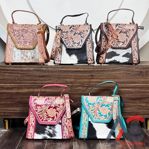 Sac à main en cuir de vachette véritable de qualité supérieure, style western, motif floral turquoise, sac bandoulière pour femme, super sac messager de septembre - Product Image 1