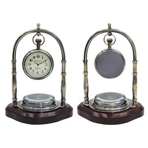 Reloj de Escritorio Náutico Vintage con Brújula sobre Base de Madera, Reloj de Mesa Colgante de Metal Antiguo, Decoración Clásica Marítima para Oficina - Product Image 6