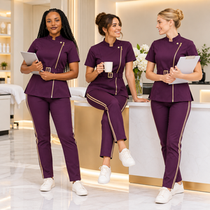 Conjunto de uniforme médico unisex de poliéster tejido con cuello alto, cremallera frontal, pantalones de pierna ajustada, uniforme de enfermería de 2 piezas, ropa de trabajo con detección de agujas - Product Image 2