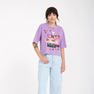 T-shirt court à col rond jaune moutarde pour femme avec poche brodée cerise, décontracté, printemps-été - Product Image 2
