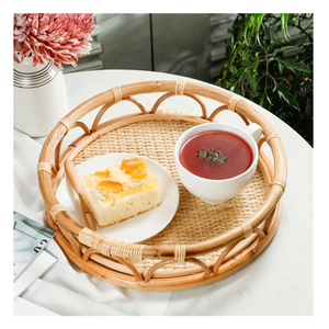 Plateau de service artisanal en rotin de qualité supérieure, avec poignées en bois massif, plateau décoratif en fibres naturelles pour le thé et le café - Product Image 2