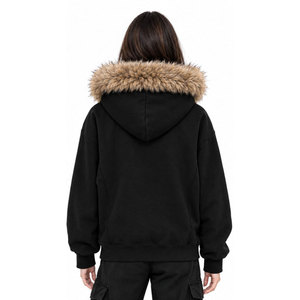 High Functioning Men's <b>Black</b> Zip-Up Hoodie With Faux Fur Hood Punk Style Printed Fleece Winter <b>Jacket</b> Oversized Fit - Product Image 3