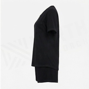 Conjunto Casual de 2 Piezas para Mujer, Tejido en Algodón, Camiseta de Manga Corta con Bolsillo y Pantalones Cortos por Encima de la Rodilla, Color Negro Sólido, Corte Holgado, Primavera, Talla S - Product Image 3