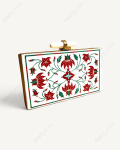 Pochette en marbre blanc naturel |   Minaudière artisanale à incrustations florales |   Sac de soirée de luxe pour mariée, sac de créateur orné de pierres pour femme - Product Image 2