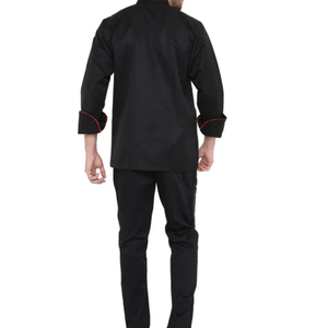 <b>Men</b> <b>Long</b> Sleeve Chef Jacket <b>Black</b> With Red Trim Button Front Restaurant Uniform - Product Image 6