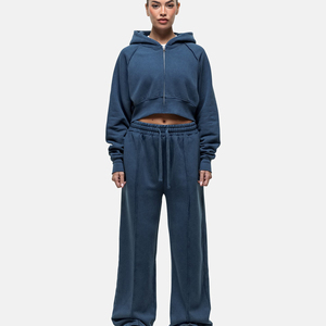 Ensemble de sweat-shirt à capuche bleu pour femmes, pantalon de jogging long, ensemble décontracté en 2 pièces, vêtements de sport en coton tricoté - Product Image 5