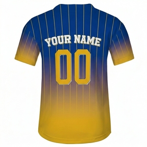 เสื้อเบสบอลแบบกำหนดเองสำหรับผู้ชาย สีน้ำเงิน-เหลืองไล่เฉดลายเส้น ปักลายแบบซับลิเมชั่น แขนสั้น คอวี ระบายอากาศได้ดี ชุดกีฬา - Product Image 3