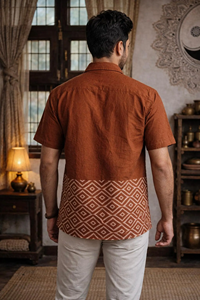 Men Handcrafted Rust Brown Cotton Short Sleeve <b>Shirt</b> with Geometric Ajrakh Block Print Border Summer Wear for Casual Elegance - Product Image 5