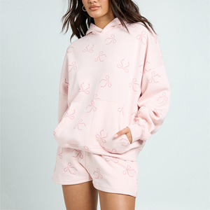 Custom DTF <b>Womens</b> Hoodie <b>Shorts</b> Set Polyester Cotton Casual Streetwear Personalized Print OEM Lounge Matching Two Piece Set - Product Image 3