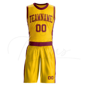 Uniforme de Baloncesto Sublimado Personalizado Amarillo y Granate con Nombre del Equipo 00, Pantalones Cortos de Malla Transpirable, Unisex, para Adultos, Todas las Temporadas - Product Image 1