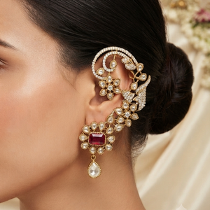 Traditional Brass Imitation Antique Gold Style Kundan <b>Ear</b> <b>Cuff</b> <b>Earrings</b> Pink Moissanite Stones Floral Design for Women Wedding - Product Image 2