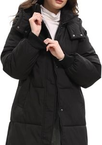 Chaqueta Larga Acolchada para Mujer, Negra, con Capucha, Manga Larga, Abrigo Cálido de Invierno con Bolsillos de Parche, Cierre de Botones, Fibra de Poliéster Gruesa - Product Image 5