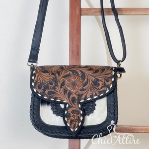 Vintage Cowhide Tooled Genuine Leather Crossbody Handbags Stylish Floral Design <b>Women</b> Crossbody Shoulder <b>Messenger</b> <b>Bag</b> - Product Image 1