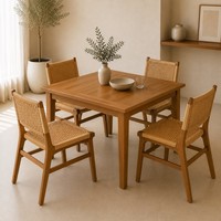 Ensemble de table à manger en teck scandinave moderne, 5 pièces, 4 chaises en rotin synthétique tissé, meubles durables pour appartement, hôtel, villa