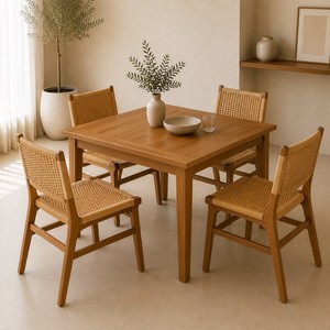 Ensemble de table à manger en bois moderne avec 4 chaises en rotin synthétique tressé, design minimaliste, meubles durables pour le salon - Product Image 1