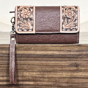 OEM ODM Luxury Tooled Floral Embossed Print Leather Clutch Hot Sale New Design Genuine Leather Credit Card Wallet for Women's - Product Image 5