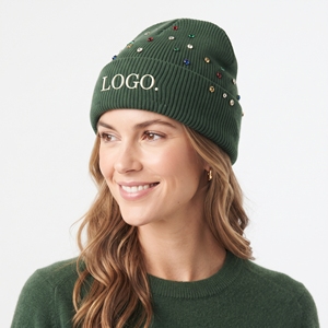 Chapeau d'hiver en tricot doux personnalisé brodé, bonnet vert chaud avec décoration en perles et strass pour femmes - Product Image 4