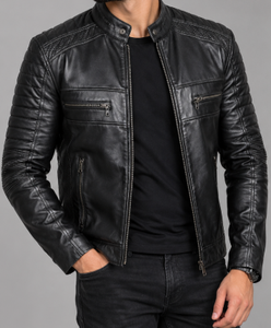 Veste en cuir noire sur mesure de haute qualité pour homme, manches côtelées, col montant, épaules perforées, coupe ajustée, perforée, fabriquée par le fabricant - Product Image 1